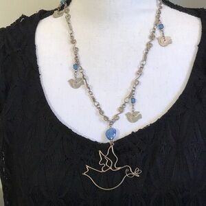 Silvertone boho bird necklace with blue stones, Preowned unsure of metal type